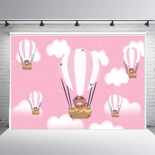 BEIPOTO Hot air balloon backdrops sky cloudy pink Teddy pilot girl birthday party decor background photo photography vinyl B-855