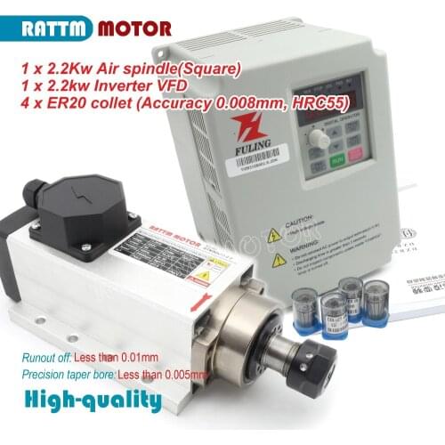 Square Quality 2.2KW 220V ER20 CNC Air Cooled Spindle Motor Kit & 4pcs Ceramic Bearing With Fuling Inverter VFD
