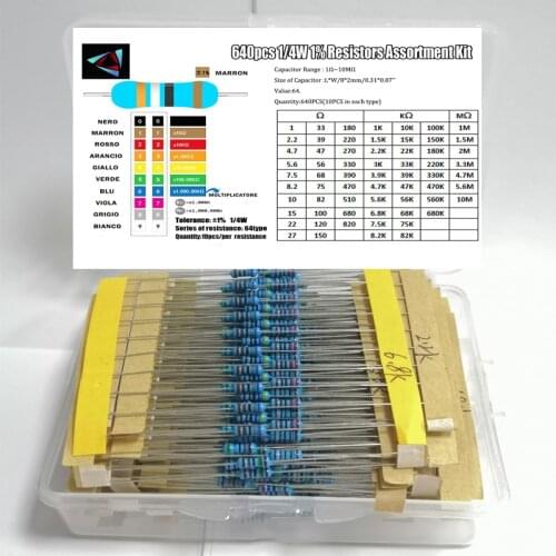 640Pcs 1R - 10MR 1/4w 1% Metal Film Resistors Kit 64 Values Assortment Pack Mix Low noise Resistor Set