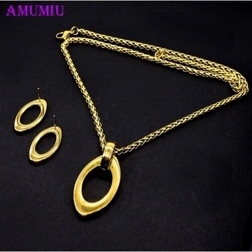 AMUMIU Oval Water Drop Jewelry Set Necklace Earrings Antique Gold Stainless Steel Chain Fashion Jewelry For Women JS068