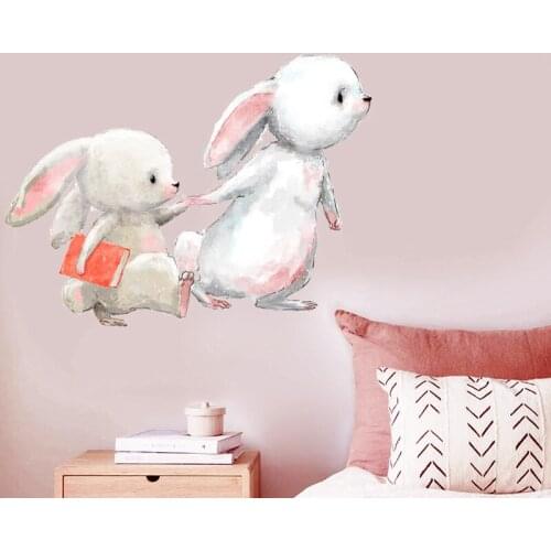 Cartoon New Two Cute Hand in Hand Rabbit Wall Sticker For Kids Rooms Bedroom Home Accessories Self adhesive Animal Door Stickers