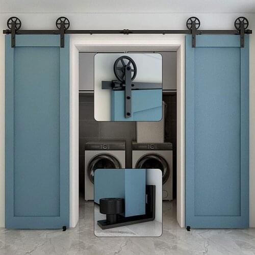 JACHOR 4-12FT Sliding Barn Door Rails & Floor Guide Black Big Spoke Wheels Hanger System Double Door Hardware Kits