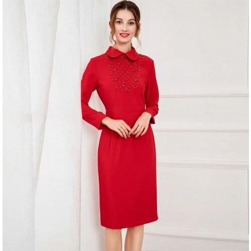 MIUXIMAO 2021 New Autumn Womens Clothing Peter Pan Collar Beading Long Sleeve Slim Waist Dress Elegant Fashion Office Style