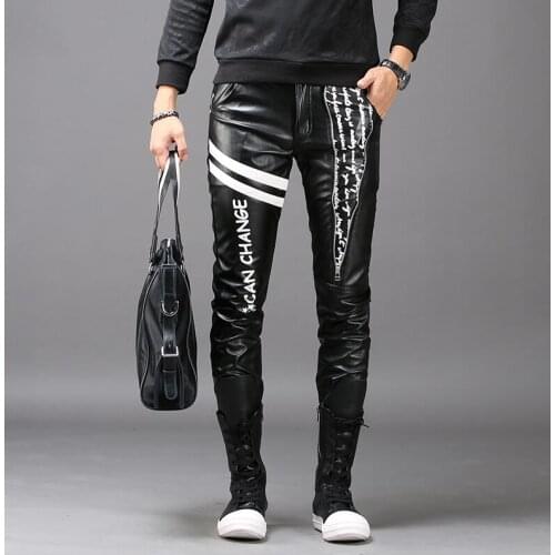 Autumn winter personality fashion slim motorcycle leather pants mens feet pants casual pu trousers for men pantalon homme black