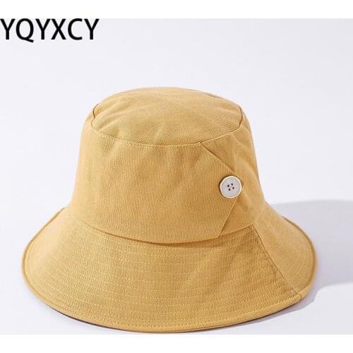 YQYXCY Bucket Hat Women Sun Visor Solid Color Big Brim Leisure Outdoor Fisherman Cap With Button Cotton Korean 2021 New