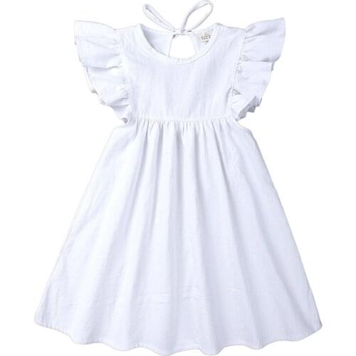 12M To 6Years,Cotton and Linen Baby Dress 2021 New Kids Summer Clothes Fly Sleeve Girls Fashion Bow,#5981