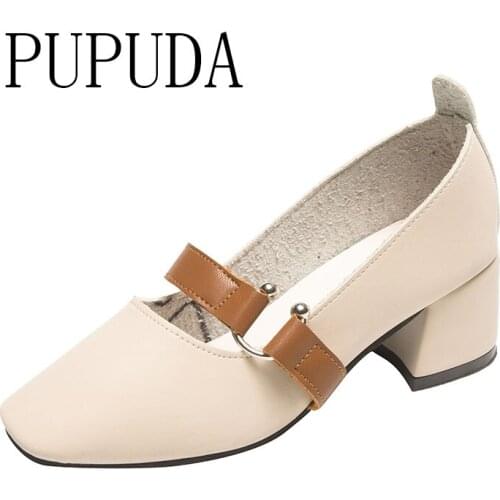 PUPUDA High Heels New Square Heel Leather Shoes Women Fashion Slip On Loafers Women Good Quality Leather Shoes Female