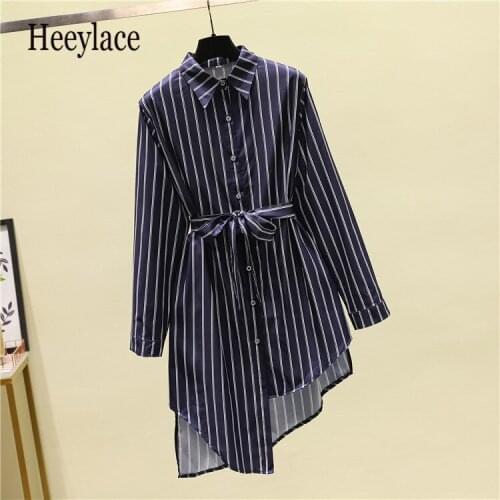 Plus size striped irregular blouse women long sleeve polo collar office ladies Spring top korean casual high waist blouse 5XL