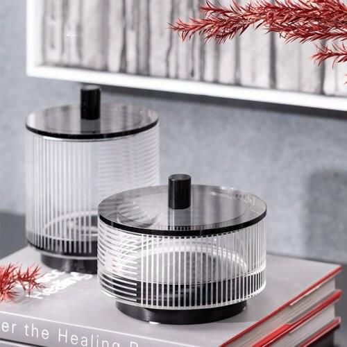 Modern Striped Grille Storage Jar Luxury Round Crystal Glass Storage Box Home Soft Decoration Candle Holder Vase Combination