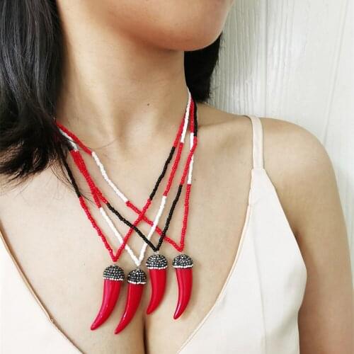 Vintage Black Crystal Red Resin Ivory Gem Pendant Long Necklace Women Collar Jewelry Beads Chain Bohemian Necklace Trend Collier