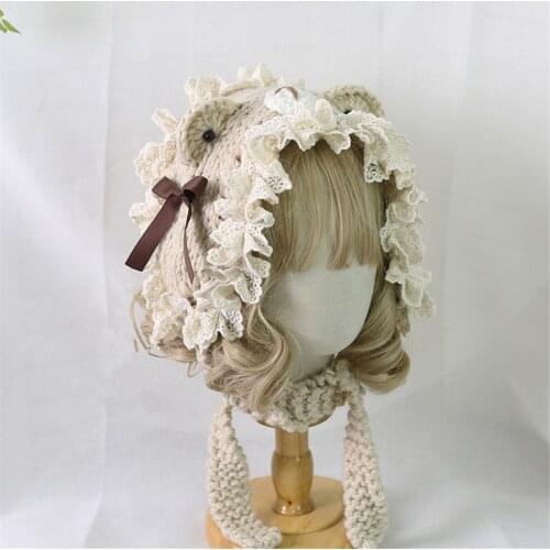 Lolita Girl Cat Ear Lace Trim Sweet Handmade Knitted Hat Mori Girl Warm Cap Kawaii Knitting Hat B1597