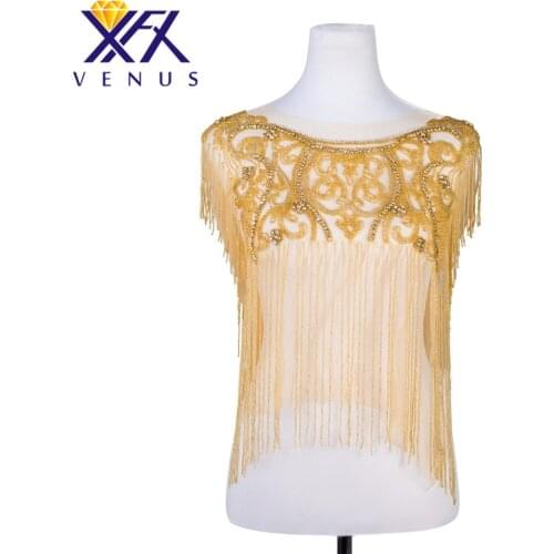 XFX 1Pcs Hand-sew Waterfall Rhinestones Apparel Patches For Garments Applique Beads Embroidered Patches For Party Dresses