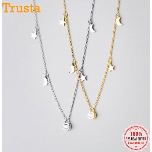 Trustdavis Real 925 Sterling Silver Fashion Round Moon Star Dazzling CZ Pendant Short Necklace For Women Wedding Party DS942