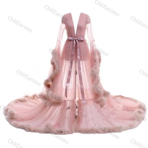 Women Sleepwear Feather Bathrobe Long Wedding Bridal Robe Scarf Illusion Nightgown Perspective Sheer Maternity Pajamas