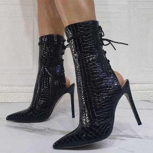 Black Patent Leather Booty Lace Up Women Ankle Boots Hollow Open Heel Big Size 47 Stiletto Thin High Heels
