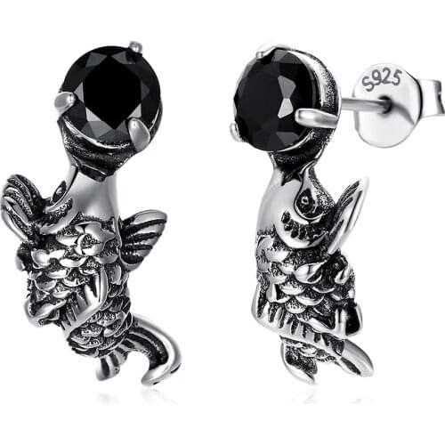 SILVERHOO 925 Sterling Silver Cute Carp Vintage Earrings For Women Black Cubic Zirconia Ear Studs Personality Party Jewelry