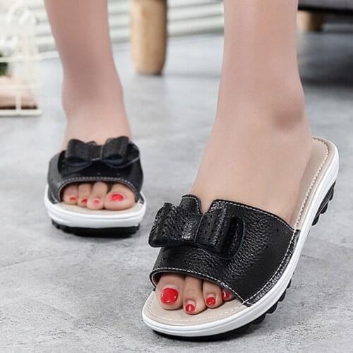 Women slippers buckle real leather slides shoes solid thick sole heels beach sandals women outside flip flops summer