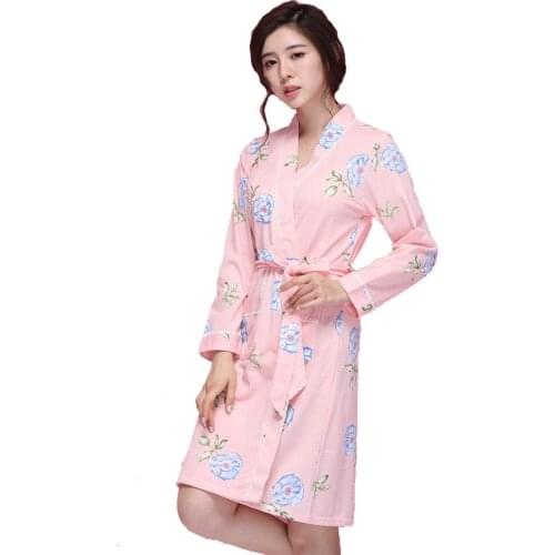 Brand Designer New 100% Cotton Robe Women Spring long sleeved bath robe plus size bathrobe kimono loose Home Wear D0319