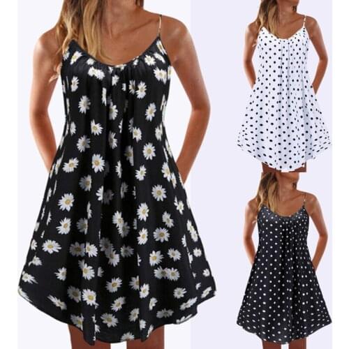 2021 Women Fashion And Casual Summer Multicolor Sexy Sleeveless Dot Daisy Print Beach Dress Black White