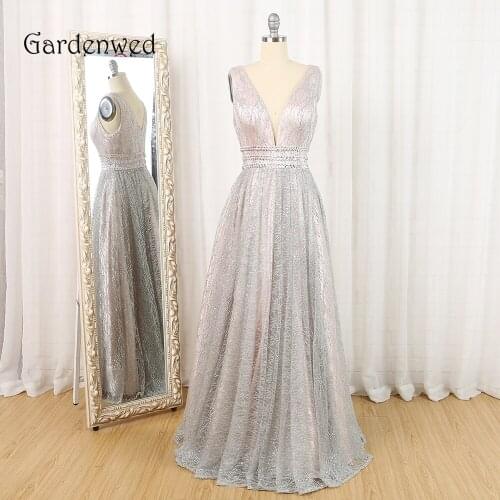 Gardenwed Silver Evening Dress abendkleider 2019 Gorgeous Deep V Neck Formal Dress Women Elegant