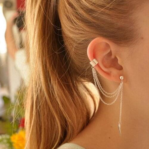 Women Girl Punk Rock Leaf Chain Tassel Dangle Cuff Earrings Cross Charms Metallic Wrap Ear Cuff Earrings