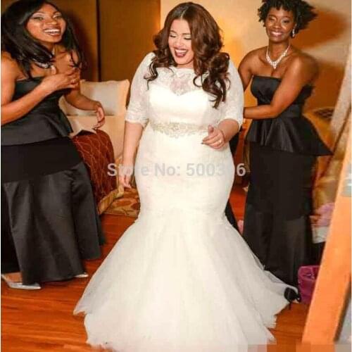2016 Vintage Half Sleeve Bateau Appliques vestido de noiva Cheap Custom Lace Mermaid Bridal Dresses Plus Size Wedding Dresses