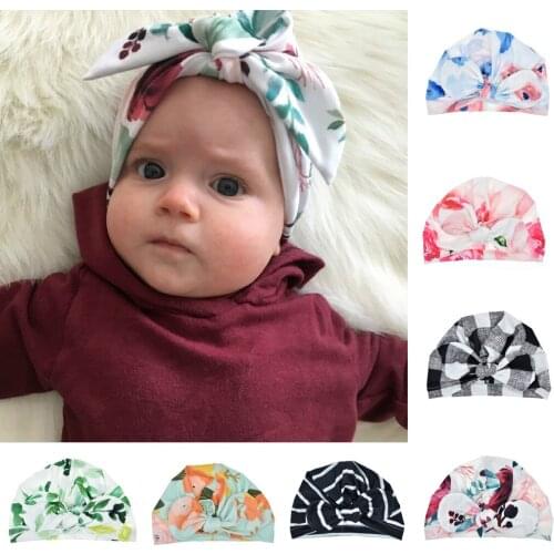 2020 Floral Print Baby Stuff Accessories Baby Girl Hat With Bow Knot Infant Beanie Solid Big Bowknot Cap For Girls Kid Hats