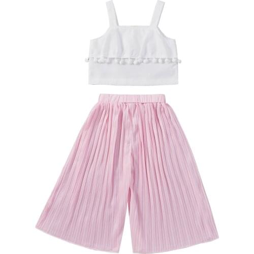 2Pcs Kid Girls Outfit Sweet Style Solid Color Plush Ball Decoration Sleeveless Suspender Top + Ruched Wide Leg Pants Set