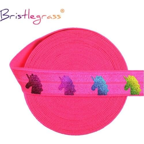 BRISTLEGRASS 2 5 10 Yard 5/8" 15mm Rainbow Unicorn Gold Foil Print Fold Over Elastics FOE Spandex Band Tape Hair Tie Sewing Trim