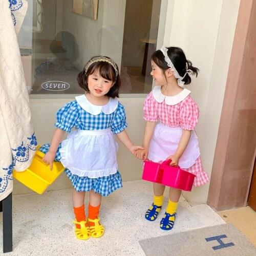 MILANCEL 2021 Summer New Girl Dress Korean Short Sleeve Doll Collar Plaid Bib Clothes