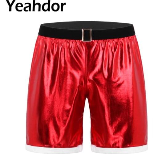 Mens Shiny Metallic Shorts Mid Rise Christmas Santa Claus Costume Boxer Shorts Male Loose Half Pants Homme Holiday Short Pants