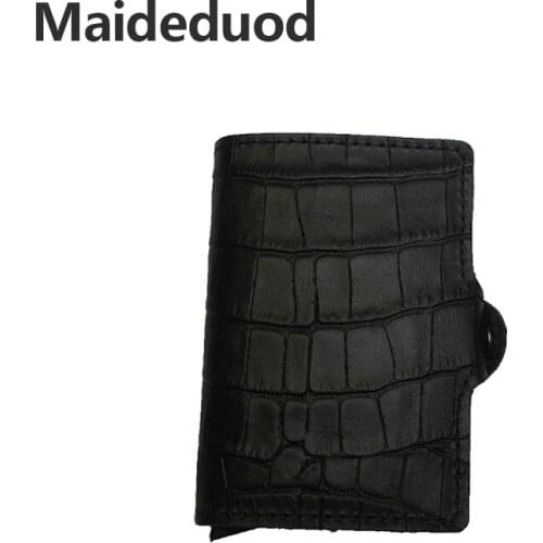 Maideduod 2018 Men And Women Genuine Leather Card Holder RFID Crazy Horse Leather Wallet Aluminium Business Card Holder Purse
