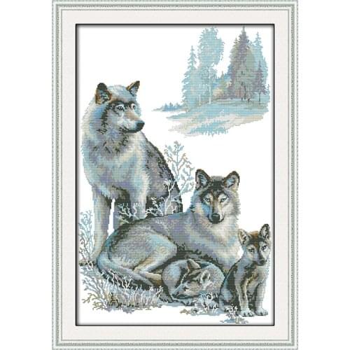 A wolf family cross stitch kit 14ct 11ct pre stamped canvas cross stitching animal lover embroidery DIY handmade needlework