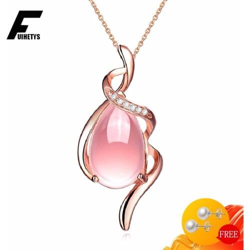 Fashion Necklace for Women 925 Silver Jewelry with Rose Quartz Zircon Gemstone Pendant Rose Gold Accessories Wedding Engagement