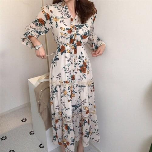 Vintage Midi Dress Women Lace Up Print Elegant floral Long sleeve Spring Summer Dresses New Bohemian Party Female Dress vestidos