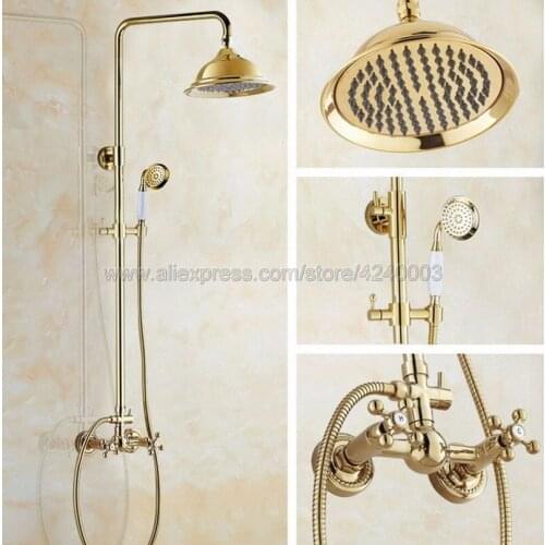 Polished Golden Brass Bathroom Shower Faucet Mixer Wall Mounted Shower Column Units W/ Handheld Shower Kgf333