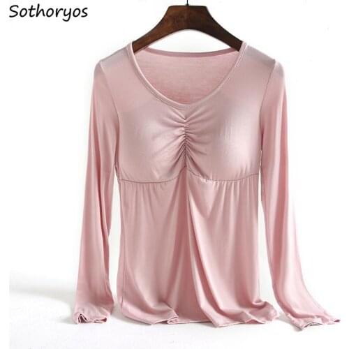 Tender Soft Modal Sleep Tops Women Autumn Long Sleeve Nightwear with Chest Pad Folds Lounge Simple Basic Solid Tees High Elastic