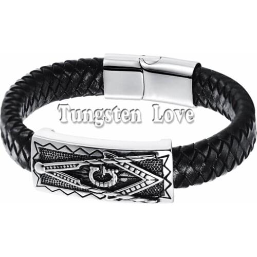 Vintage Mens Freemasonry Masonic Mason Black PU Leather Bracelet Cuff Braided Charm Bracelet 8.3 inch pulseira masculina couro