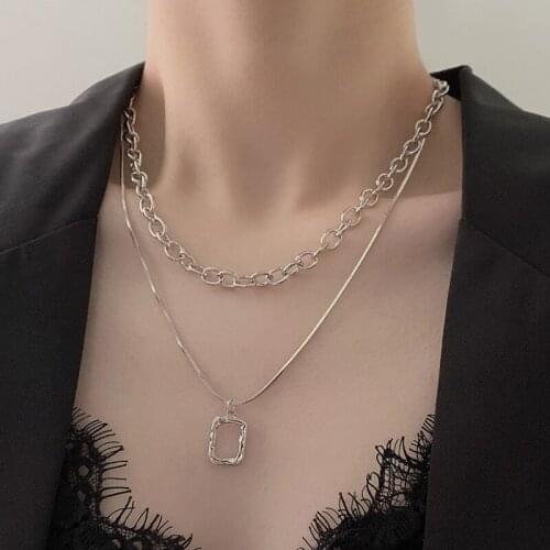 VSnow Minimalist Square Geometric Double Layer Pendant Necklace for Women Delicate Chunky Chain Hollow Metal Necklace Jewellery