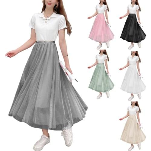 2021 New Women Midi Tulle Skirts, Casual Elastic High Waist Solid Color Mesh A-Line Tutu Skirts