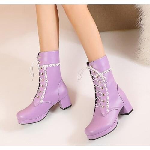Platform Ankle Boots Women Lace-Up Ruffles Med Heel Shoes Woman Lovely Sweet Round Toe Lolita Women Boots Plus Big Size 30-48