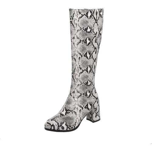Fancy Snake Print Thick-Heel Knee-Length Boots Round Toe High-Heel Snake Print Scales Pattern Side Zipper Womens Boots