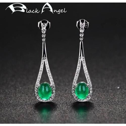 BLACK ANGEL Luxury Green Chalcedony Drop Earrings For Women Real 925 Sterling Silver Fashion CZ Long Earring Fine Jewelry Gift