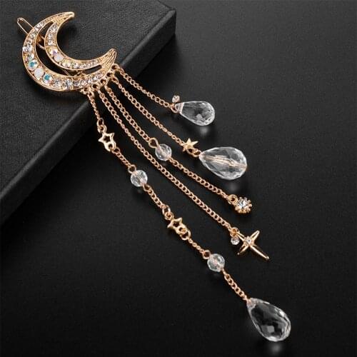 Women Clip Moon Rhinestone Crystal Pendant Pin Tassel Long Chain Beads Hairpin Ladies Hair Jewelry Hair clip drop Wedding
