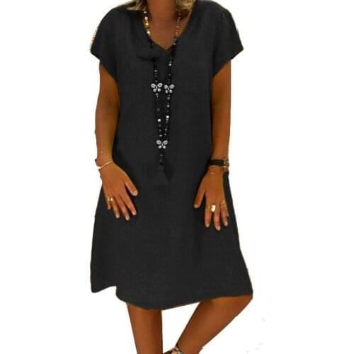 2020 Summer Women Casual Solid Color V Neck Short Sleeve Beach Knee-length Loose Dress Sexy Dresses Party Dress Vestidos