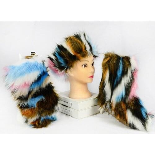 Winter Ladies Fake Fox Furry Snow Boots Handbag Bag Warm Hairband Sets Fashion Women Warm Three-piece Lady Plush Platform Shoes