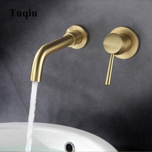 New Bathroom Brush gold in-wall Sink Faucet Solid Brass Wall Mounted Basin Faucet Single Handle Mixer Tap Hot & Cold Water