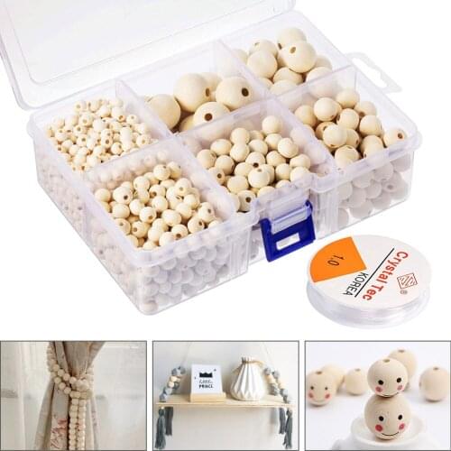 1 Set 6 Sizes Wooden Beads Round Wood Bead Set with 1 Roll Crystal Elastic Line for Garland DIY Handmade Jewelry 1105 Pieces