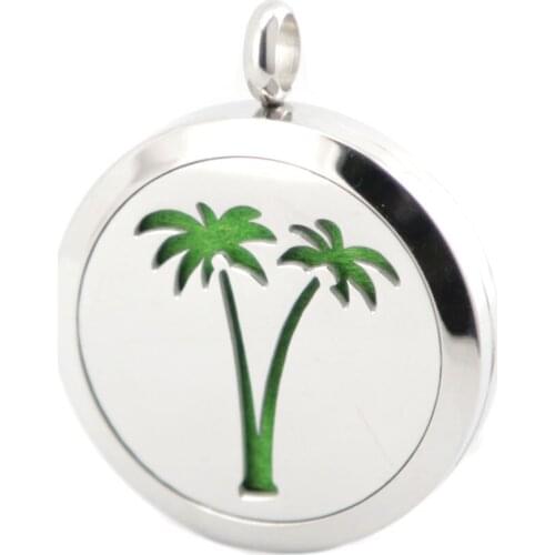 10pcs 30mm Round Silver Coconut Tree Aromatherapy Oils Stainless Steel Perfume Diffuser Locket Necklace Pendant