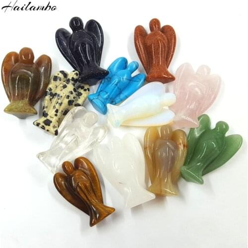 Turquoises Crystal Roses quartz Goldstone Man-made Opal Tiger eyes Stone Carved Angel Wing Standing Figurine Statue Pendant